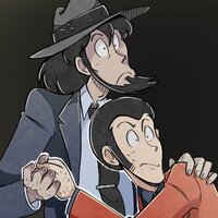 A screencap redraw of Jigen and Lupin from the TV special From Siberia With Love. They are collapsed on the ground in a spotlight, with Lupin clinging dramatically to Jigen.