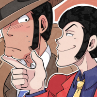 A doodle of Lupin and Zenigata for LuZeni Friday on Twitter. Lupin has a coy expression and a finger under Zenigata's chin, Zenigata is blushing and tilting his hat brim downward.