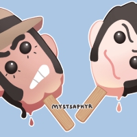 Zenigata and Lupin drawn as character-face novelty popsicles with gumball eyes.