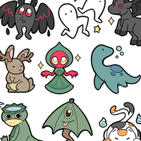 Various cryptids and yokai drawn as 1-inch button designs.