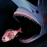 Illustration of a goblin shark about to eat a fish for the 2023 Swim On shark charity zine.