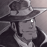 Digital pencil drawing of vampire Zenigata, based on a scene from a pachislot machine.